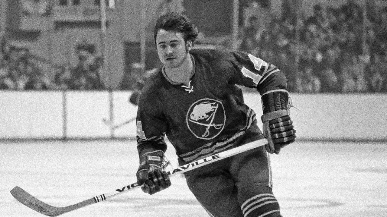 BOSTON, MA - 1970's: Rene Robert #14 of the Buffalo Sabres skates in game against the Boston Bruins at the Boston Garden.