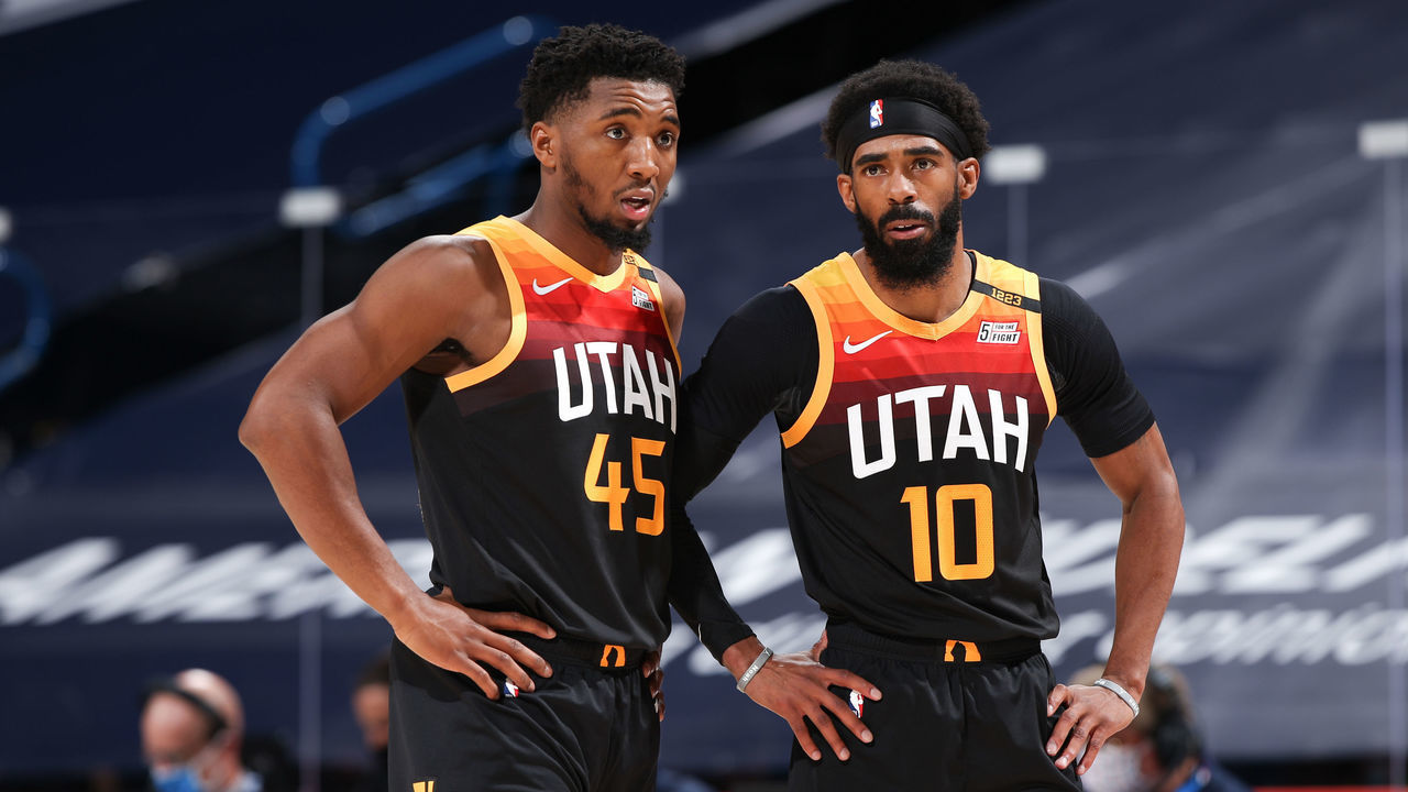OKLAHOMA CITY, OK - DECEMBER 28: Donovan Mitchell #45 of the Utah Jazz and Mike Conley #10 of the Utah Jazz talk during the game against the Oklahoma City Thunder on December 28, 2020 at Chesapeake Energy Arena in Oklahoma City, Oklahoma. Mandatory Copyright Notice: Copyright 2020 NBAE
