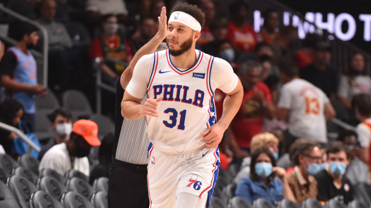 ATLANTA, GA - JUNE 18: Seth Curry #31 of the Philadelphia 76ers reacts during a game against the Atlanta Hawks during Round 2, Game 6 of the Eastern Conference Playoffs on June 18, 2021 at State Farm Arena in Atlanta, Georgia. NOTE TO USER: User expressly acknowledges and agrees that, by downloading and/or using this Photograph, user is consenting to the terms and conditions of the Getty Images License Agreement. Mandatory Copyright Notice: Copyright 2021 NBAE