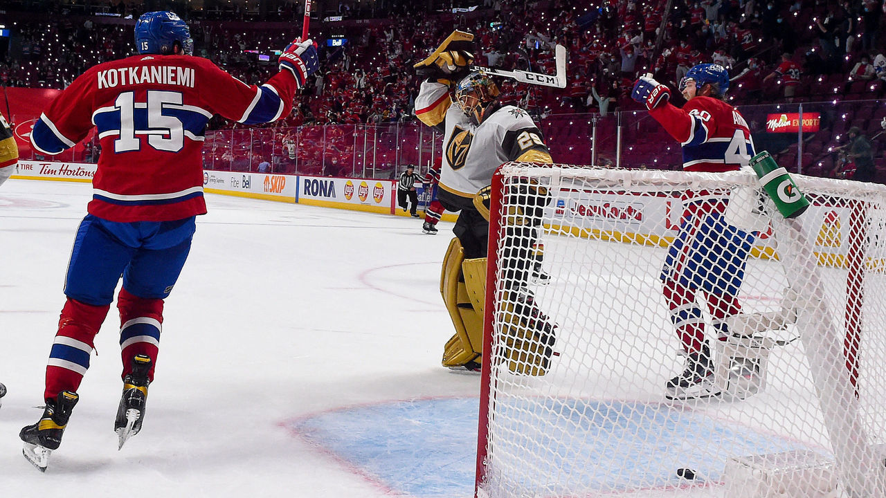 MONTREAL, QUEBEC - JUNE 18: Jesperi Kotkaniemi #15 and Joel Armia #40 of the Montreal Canadiens celebrate a goal by teammate Josh Anderson (not pictured) past Marc-Andre Fleury #29 of the Vegas Golden Knights during the third period in Game Three of the Stanley Cup Semifinals of the 2021 Stanley Cup Playoffs at Bell Centre on June 18, 2021 in Montreal, Quebec.