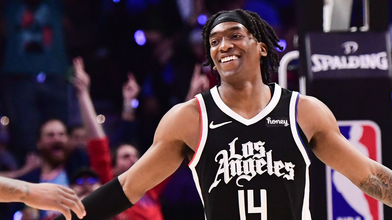 LOS ANGELES, CA - JUNE 18: Terance Mann #14 of the LA Clippers smiles during the game against the Utah Jazz during Round 2, Game 6 of the 2021 NBA Playoffs on June 18, 2021 at STAPLES Center in Los Angeles, California. NOTE TO USER: User expressly acknowledges and agrees that, by downloading and/or using this Photograph, user is consenting to the terms and conditions of the Getty Images License Agreement. Mandatory Copyright Notice: Copyright 2021 NBAE