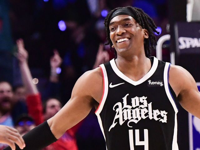 LOS ANGELES, CA - JUNE 18: Terance Mann #14 of the LA Clippers smiles during the game against the Utah Jazz during Round 2, Game 6 of the 2021 NBA Playoffs on June 18, 2021 at STAPLES Center in Los Angeles, California. NOTE TO USER: User expressly acknowledges and agrees that, by downloading and/or using this Photograph, user is consenting to the terms and conditions of the Getty Images License Agreement. Mandatory Copyright Notice: Copyright 2021 NBAE