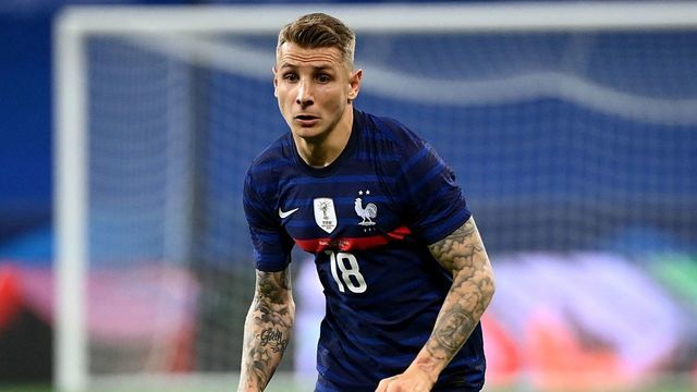 France's defender Luca Digne controls the ball during the friendly football match between France and Wales at the Allianz Riviera Stadium in Nice, southern France on June 2, 2021 as part of the team's preparation for the upcoming 2020-2021 Euro football tournament.