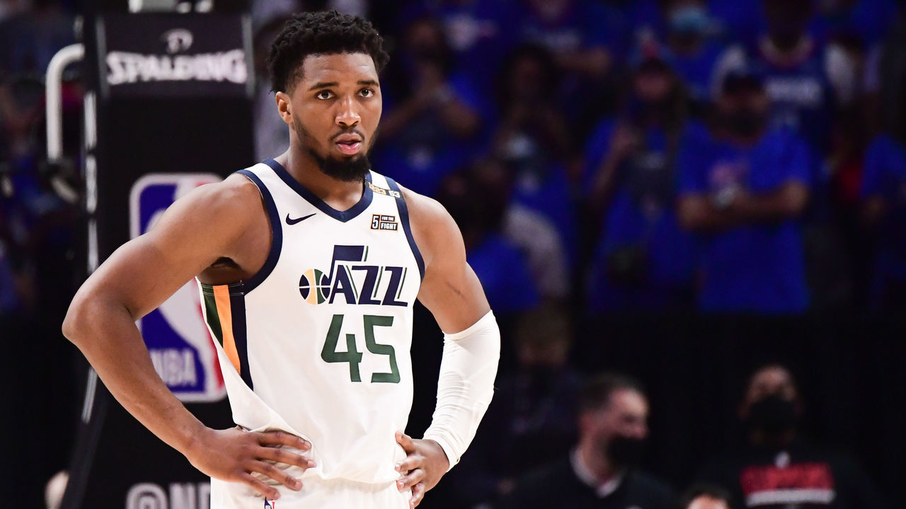 LOS ANGELES, CA - JUNE 18: Donovan Mitchell #45 of the Utah Jazz looks on during the game against the LA Clippers during Round 2, Game 6 of the 2021 NBA Playoffs on June 18, 2021 at STAPLES Center in Los Angeles, California. NOTE TO USER: User expressly acknowledges and agrees that, by downloading and/or using this Photograph, user is consenting to the terms and conditions of the Getty Images License Agreement. Mandatory Copyright Notice: Copyright 2021 NBAE