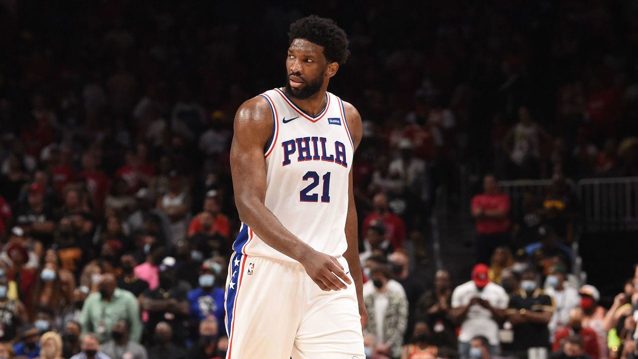 ATLANTA, GA - JUNE 18: Joel Embiid #21 of the Philadelphia 76ers looks on during a game against the Atlanta Hawks during Round 2, Game 6 of the Eastern Conference Playoffs on June 18, 2021 at State Farm Arena in Atlanta, Georgia. NOTE TO USER: User expressly acknowledges and agrees that, by downloading and/or using this Photograph, user is consenting to the terms and conditions of the Getty Images License Agreement. Mandatory Copyright Notice: Copyright 2021 NBAE