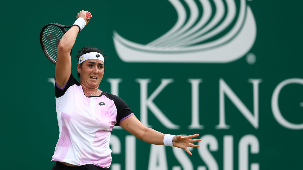 BIRMINGHAM, ENGLAND - JUNE 19: Ons Jabeur of Tunisia in action against Heather Watson of Great Britain during the semi final of the Viking Classic Birmingham at Edgbaston Priory Club on June 19, 2021 in Birmingham, England.