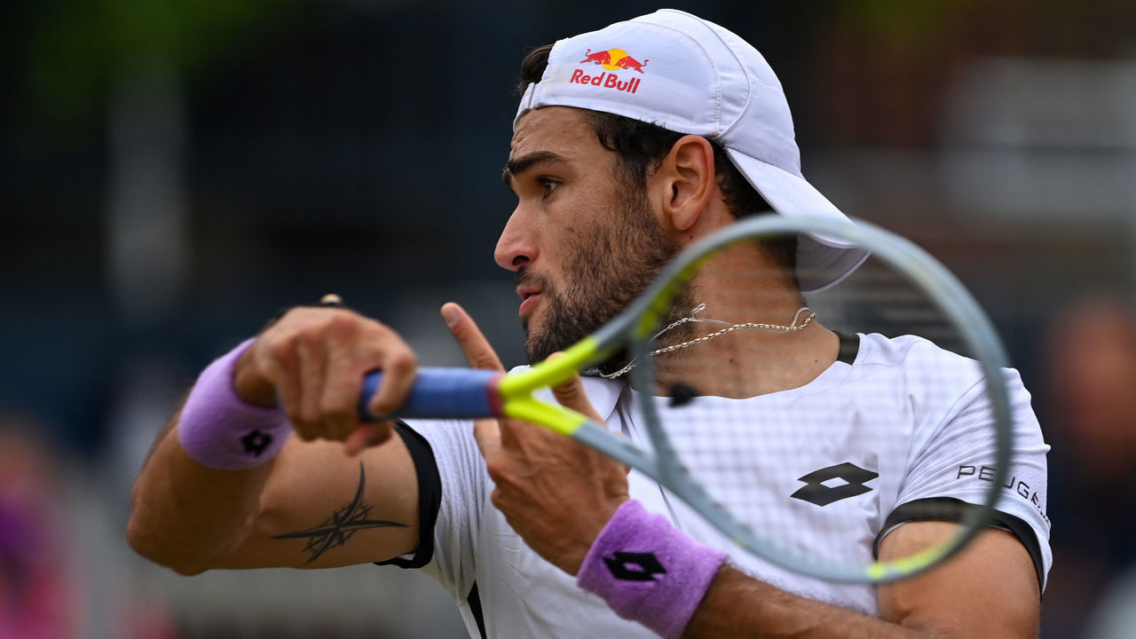LONDON, ENGLAND - JUNE 19: Matteo Berrettini of Italy plays a forehand during his Semi-final match against Alex de Minaur of Australia during Day 6 of The cinch Championships at The Queen's Club on June 19, 2021 in London, England.