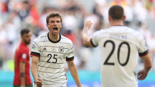 MUNICH, GERMANY - JUNE 19: Thomas Mueller of Germany celebrates their side's third goal scored by team mates Kai Havertz (not pictured) during the UEFA Euro 2020 Championship Group F match between Portugal and Germany at Football Arena Munich on June 19, 2021 in Munich, Germany.