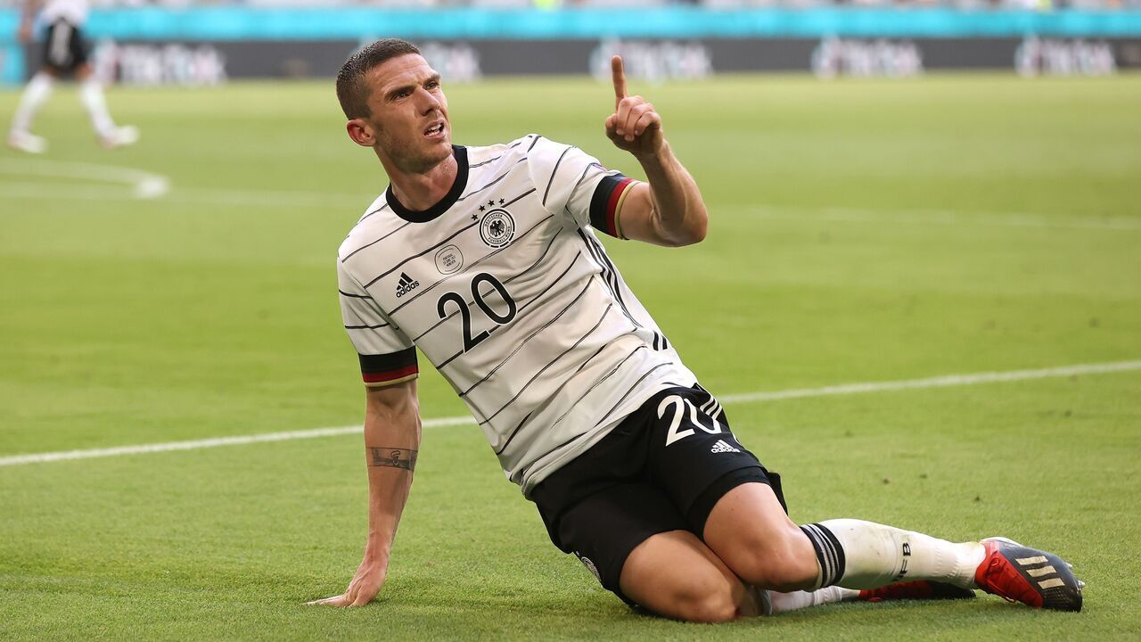 MUNICH, GERMANY - JUNE 19: Robin Gosens of Germany celebrates after scoring their side's fourth goal during the UEFA Euro 2020 Championship Group F match between Portugal and Germany at Football Arena Munich on June 19, 2021 in Munich, Germany.
