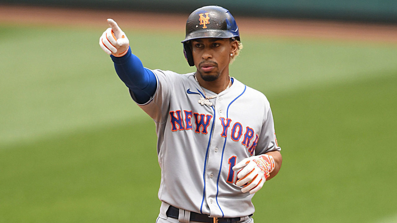 WASHINGTON, DC - JUNE 19: Francisco Lindor #12 of the New York Mets celebrates after hitting an rbi single to right center field driving in David Peterson #23 (not pictured) in the third inning of game one of a doubleheader baseball game against the Washington Nationals at Nationals Park on June 19, 2021 in Washington, DC.