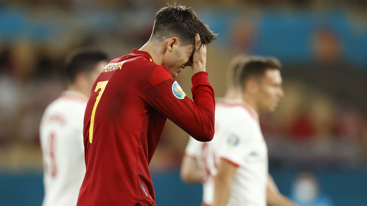 SEVILLE, SPAIN - JUNE 19: Alvaro Morata of Spain looks dejected during the UEFA Euro 2020 Championship Group E match between Spain and Poland at Estadio La Cartuja on June 19, 2021 in Seville, Spain.
