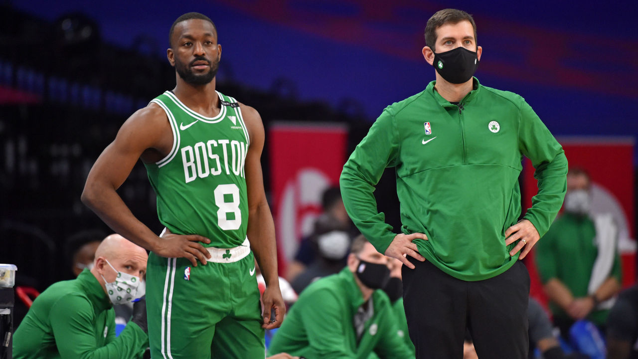 PHILADELPHIA, PA - JANUARY 20: Kemba Walker #8 of the Boston Celtics and Head Coach Brad Stevens of the Boston Celtics look on during a game against the Philadelphia 76ers on January 20, 2021 at Wells Fargo Center in Philadelphia, Pennsylvania. NOTE TO USER: User expressly acknowledges and agrees that, by downloading and/or using this Photograph, user is consenting to the terms and conditions of the Getty Images License Agreement. Mandatory Copyright Notice: Copyright 2021 NBAE
