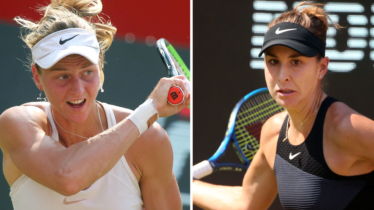19 June 2021, Berlin: KOMBO - Tennis: WTA Tour, Singles. Liudmila Samsonova (l) from Russia and Belinda Bencic from Switzerland compete in the final of the bett1 open on 20.06.2021 on the centre court of the Steffi Graf Stadium. Photo: Wolfgang Kumm/dpa