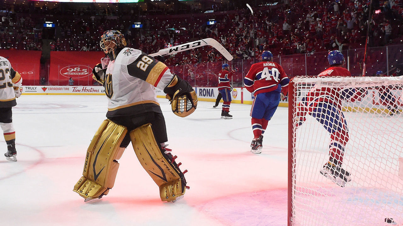 MONTREAL, QUEBEC - JUNE 18: Marc-Andre Fleury #29 of the Vegas Golden Knights reacts after allowing a goal to Josh Anderson #17 of the Montreal Canadiens during the third period in Game Three of the Stanley Cup Semifinals of the 2021 Stanley Cup Playoffs at Bell Centre on June 18, 2021 in Montreal, Quebec.