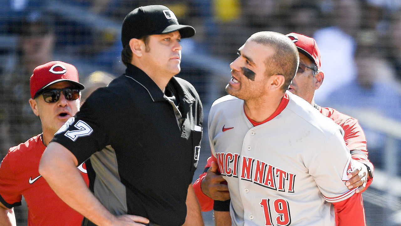 SAN DIEGO, CA - JUNE 19: Joey Votto #19 of the Cincinnati Reds yells at umpire Ryan Additon after a call during the first inning of a baseball game against the San Diego Padres at Petco Park on June 19, 2021 in San Diego, California.