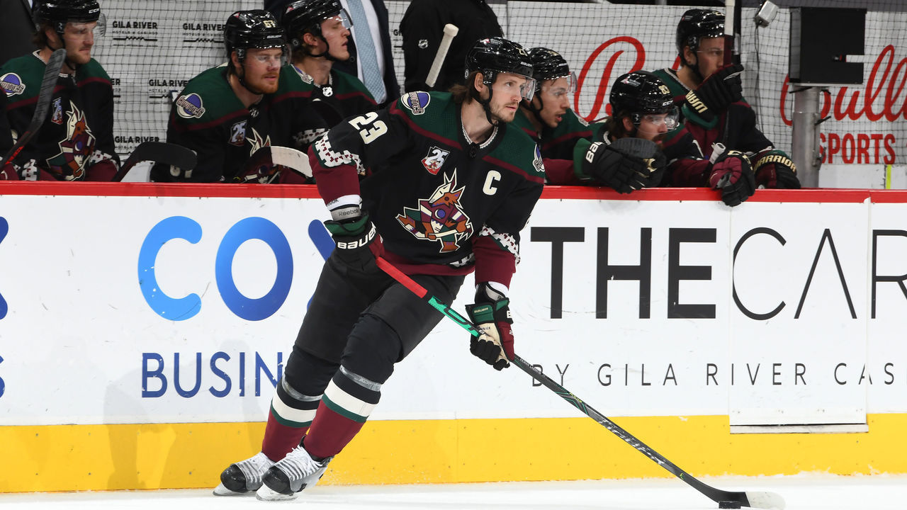 GLENDALE, ARIZONA - MAY 05: Oliver Ekman-Larsson #23 of the Arizona Coyotes skates with the puck against the Los Angeles Kings at Gila River Arena on May 05, 2021 in Glendale, Arizona.