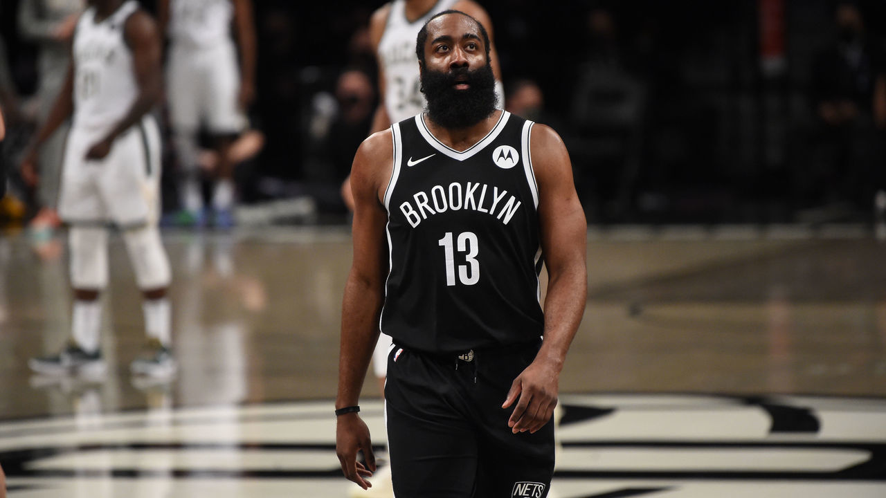 BROOKLYN, NY - JUNE 19: James Harden #13 of the Brooklyn Nets looks on during a game against the Milwaukee Bucks during Round 2, Game 7 on June 19, 2021 at Barclays Center in Brooklyn, New York. NOTE TO USER: User expressly acknowledges and agrees that, by downloading and/or using this Photograph, user is consenting to the terms and conditions of the Getty Images License Agreement. Mandatory Copyright Notice: Copyright 2021 NBAE