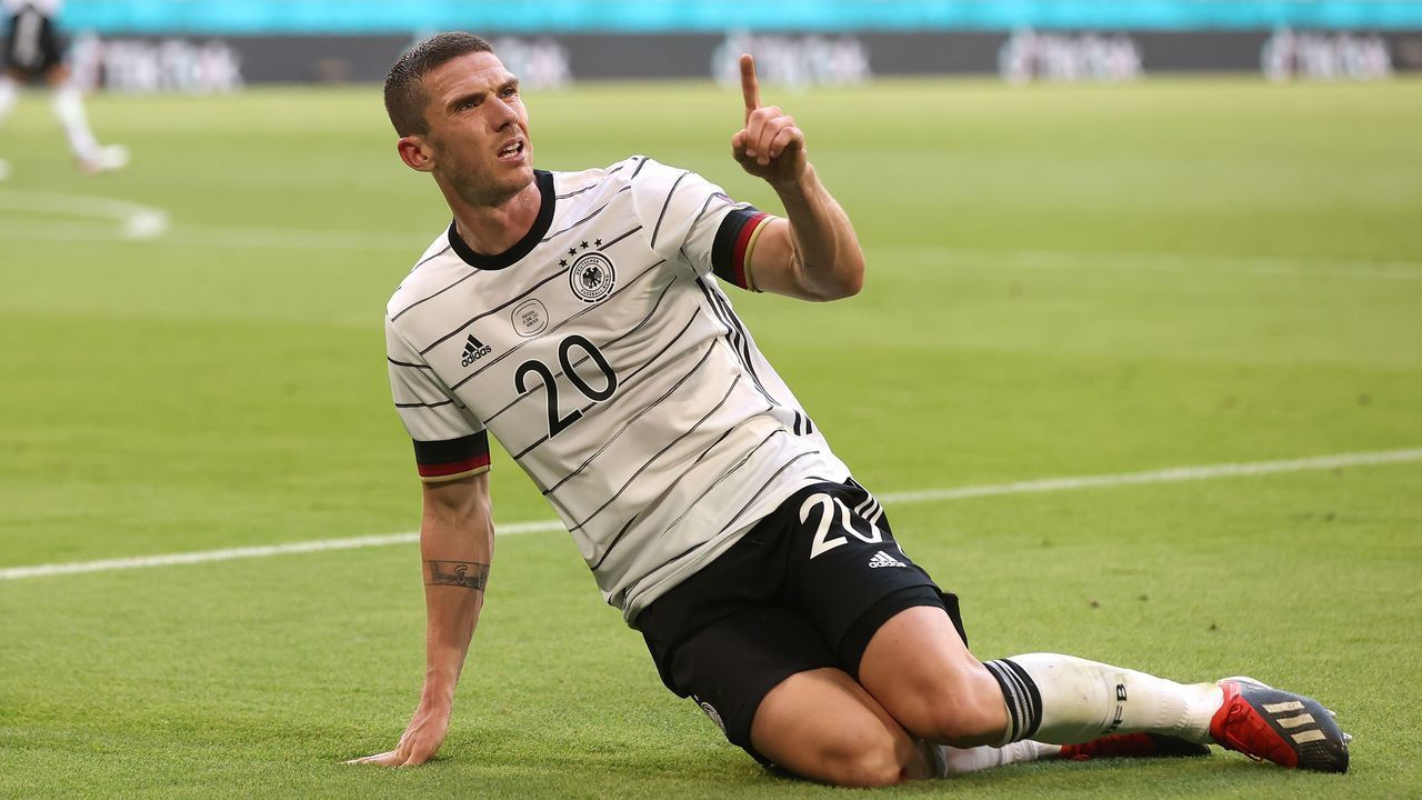 MUNICH, GERMANY - JUNE 19: Robin Gosens of Germany celebrates after scoring their side's fourth goal during the UEFA Euro 2020 Championship Group F match between Portugal and Germany at Football Arena Munich on June 19, 2021 in Munich, Germany.
