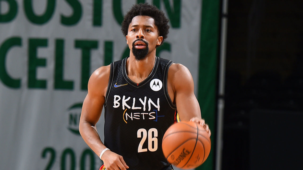 BOSTON, MA - DECEMBER 25: Spencer Dinwiddie #26 of the Brooklyn Nets handles the ball against the Boston Celtics during a game on December 25, 2020 at the TD Garden in Boston, Massachusetts. Mandatory Copyright Notice: Copyright 2020 NBAE