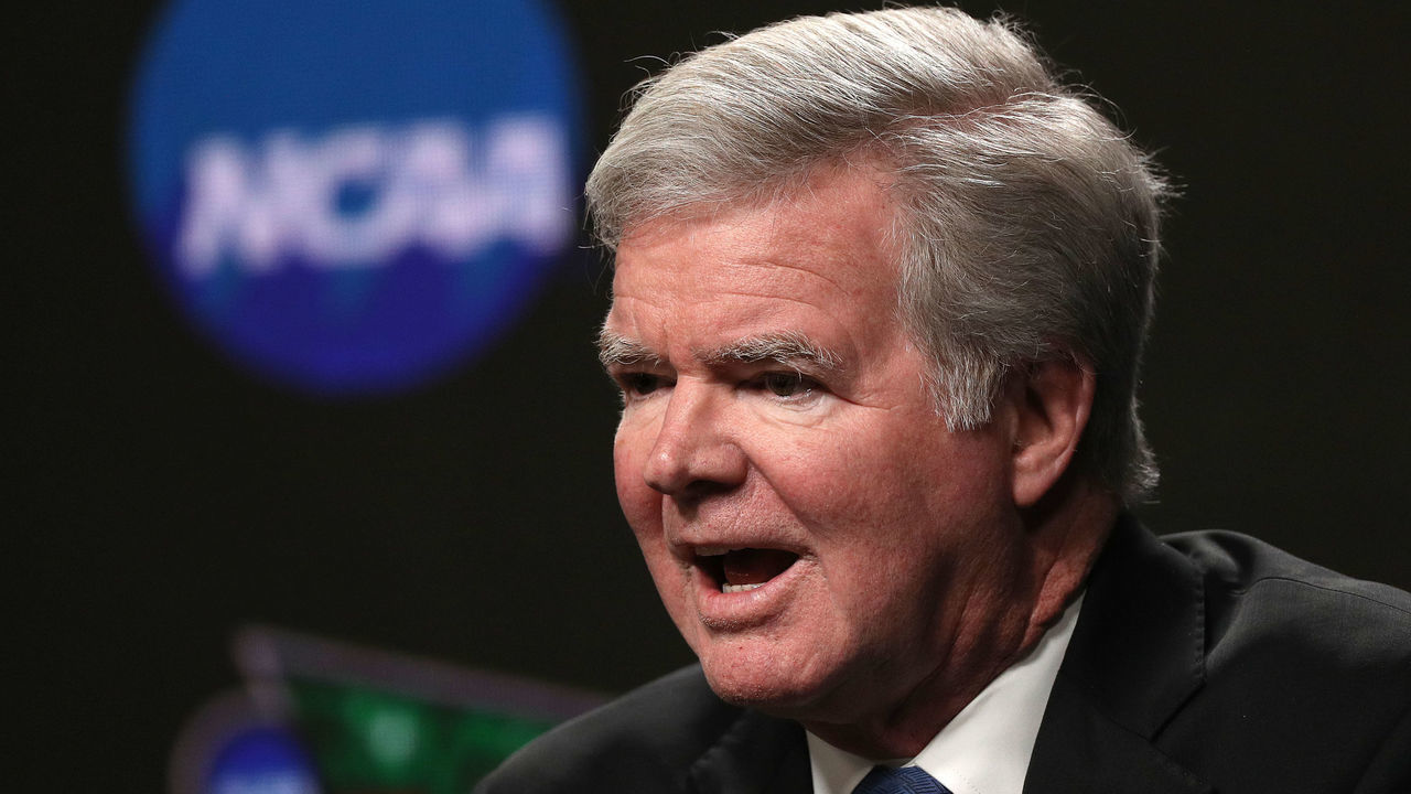 MINNEAPOLIS, MINNESOTA - APRIL 04: President of the National Collegiate Athletic Association Mark Emmert speaks to the media ahead of the Men's Final Four at U.S. Bank Stadium on April 04, 2019 in Minneapolis, Minnesota.