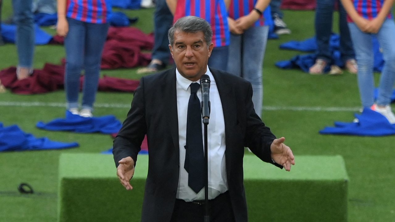 FC Barcelona president Joan Laporta presents the club´s new jerseys in Barcelona on June 15, 2021.