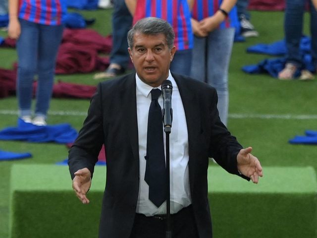 FC Barcelona president Joan Laporta presents the club´s new jerseys in Barcelona on June 15, 2021.