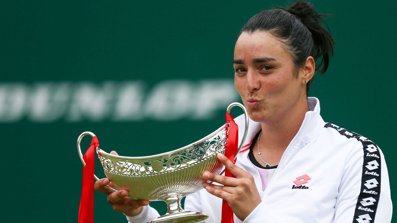 BIRMINGHAM, ENGLAND - JUNE 20: Ons Jabeur of Tunisia celebrates with the Maud Watson Trophy after victory against Daria Kasatkina of Russia in the Womens Singles Final of the Viking Classic Birmingham at Edgbaston Priory Club on June 20, 2021 in Birmingham, England.