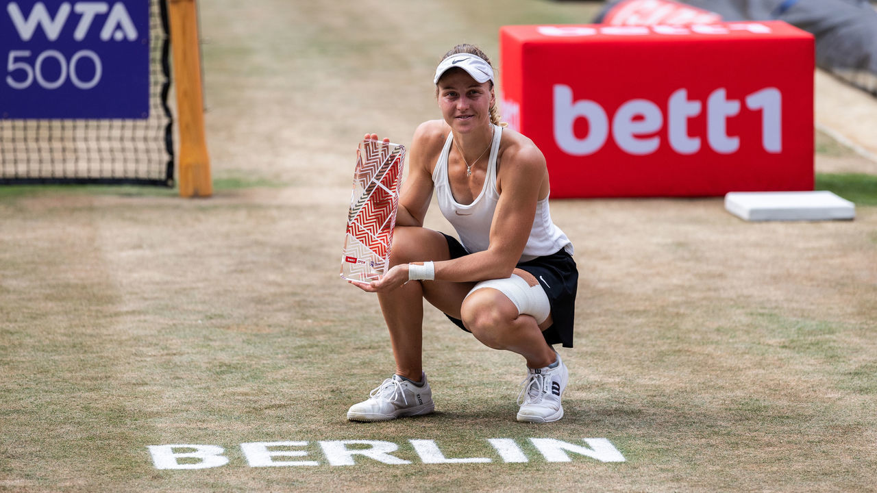 BERLIN, GERMANY - JUNE 20: Liudmila Samsonova of Russia celebrates with the trophy after winning the women's singles final match against Belinda Bencic of Switzerland during day 9 of the bett1open at LTTC Rot-Weiß e.V. on June 20, 2021 in Berlin, Germany.