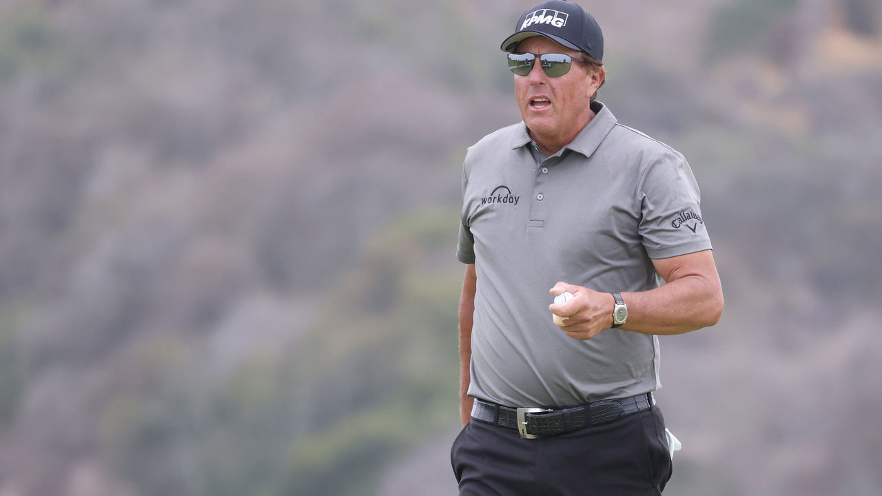 SAN DIEGO, CALIFORNIA - JUNE 19: Phil Mickelson of the United States reacts after making par on the third hole during the third round of the 2021 U.S. Open at Torrey Pines Golf Course (South Course) on June 19, 2021 in San Diego, California.