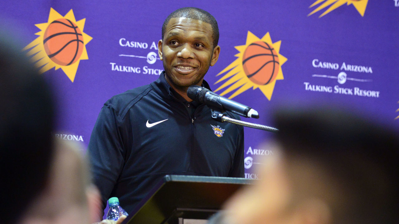 PHOENIX, AZ - SEPTEMBER 30: General Manager James Jonesof the Phoenix Suns speaks during media day on September 30, 2019 at Talking Stick Resort Arena in Phoenix, Arizona. Mandatory Copyright Notice: Copyright 2019 NBAE