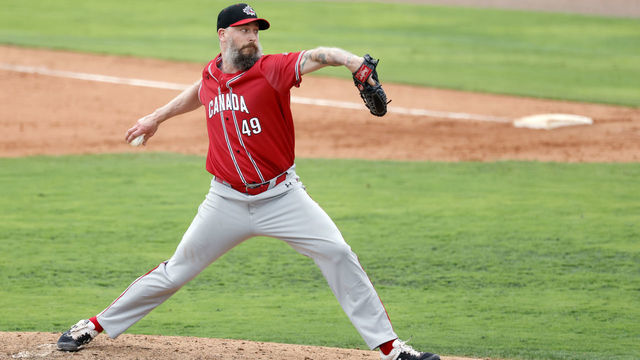 PORT ST. LUCIE, FL - JUNE 05: John Berton Axford #49 of Team Canada pitches during the 2021 WBSC Baseball America Qualifier at Clover Park on Saturday, June 5, 2021 in Port St. Lucie, Florida.