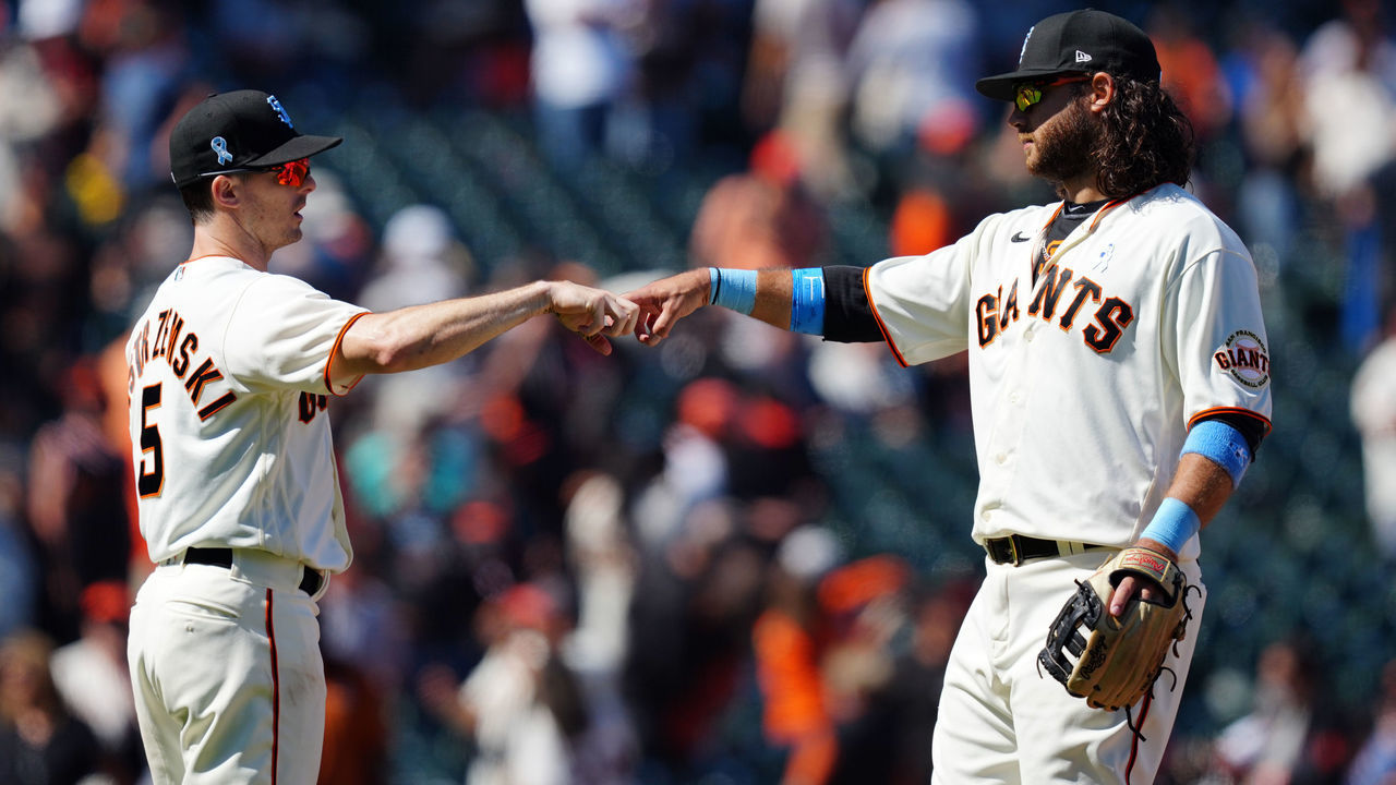 SAN FRANCISCO, CA - JUNE 20: Mike Yastrzemski #5 of the San Francisco Giants and Brandon Crawford #35 celebrate after the game between the Philadelphia Phillies and the San Francisco Giants at Oracle Park on Sunday, June 20, 2021 in San Francisco, California.