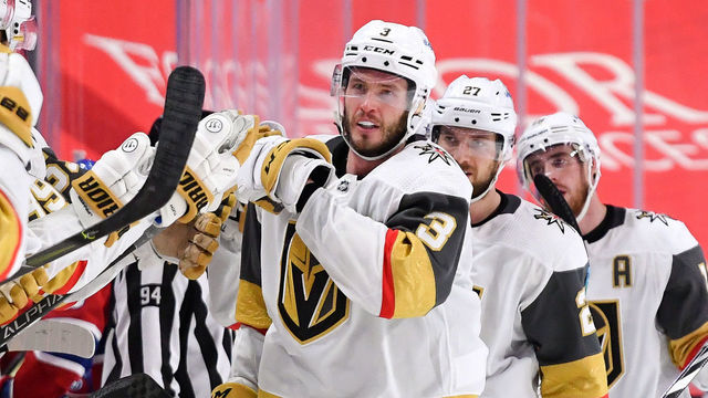 MONTREAL, QC - June 20: Brayden McNabb #3 of the Vegas Golden Knights celebrates with the bench after scoring a goal against the Montreal Canadiens in Game Four of the Stanley Cup Semifinals of the 2021 Stanley Cup Playoffs at the Bell Centre on June 20, 2021 in Montreal, Quebec, Canada.