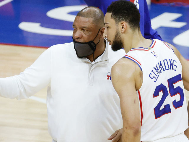 PHILADELPHIA, PENNSYLVANIA - APRIL 28: Head coach Doc Rivers of the Philadelphia 76ers speaks with Ben Simmons #25 during the first quarter against the Atlanta Hawks at Wells Fargo Center on April 28, 2021 in Philadelphia, Pennsylvania.