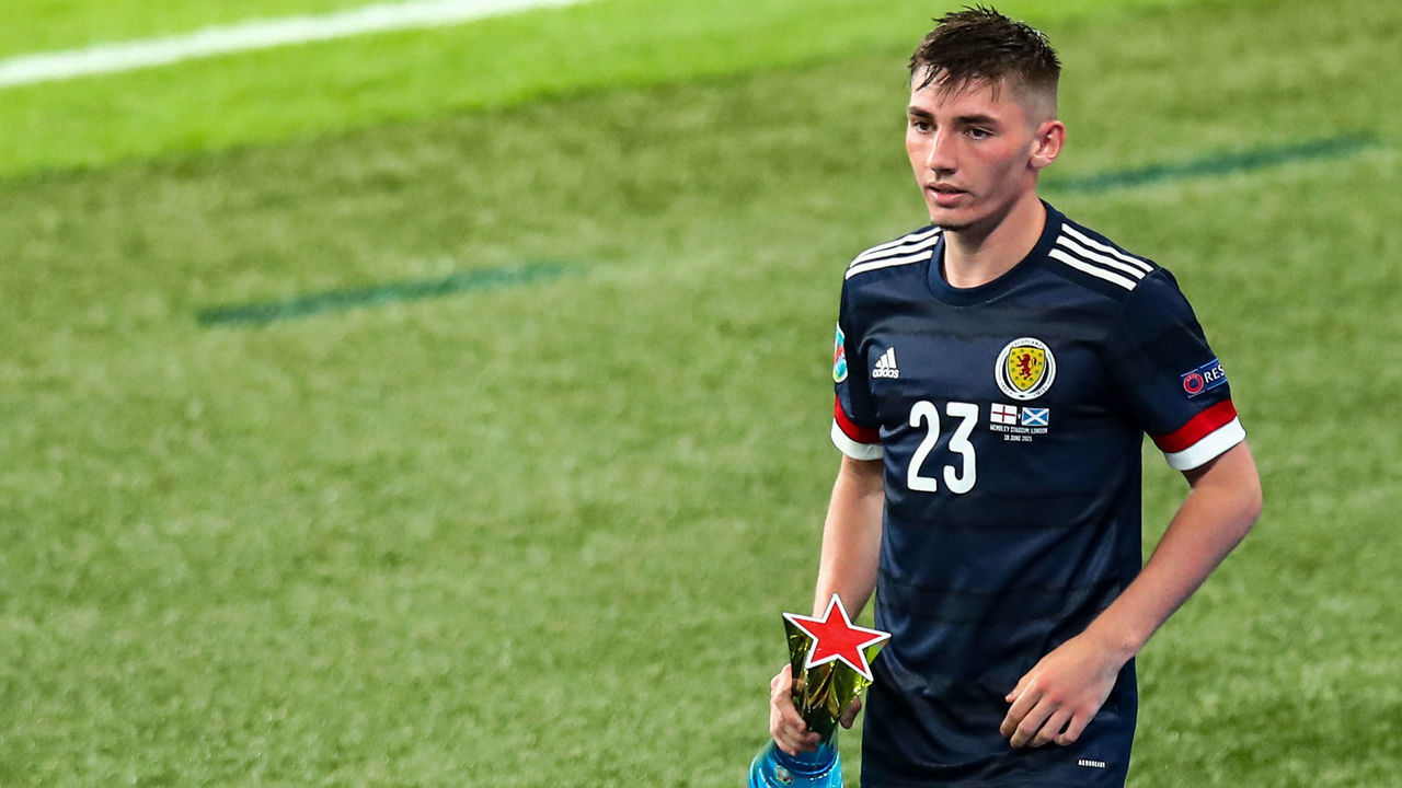 LONDON, ENGLAND - JUNE 18: Billy Gilmour of Scotland with the man of the match trophy during the UEFA Euro 2020 Championship Group D match between England and Scotland at Wembley Stadium on June 18, 2021 in London, United Kingdom.
