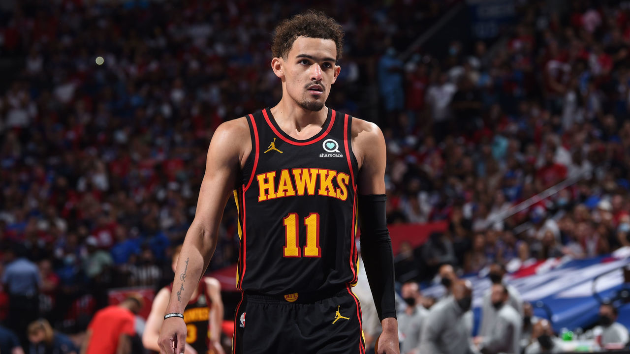 PHILADELPHIA, PA - JUNE 20: Trae Young #11 of the Atlanta Hawks looks on during Round 2, Game 7 of the Eastern Conference Playoffs on June 20, 2021 at Wells Fargo Center in Philadelphia, Pennsylvania. NOTE TO USER: User expressly acknowledges and agrees that, by downloading and/or using this Photograph, user is consenting to the terms and conditions of the Getty Images License Agreement. Mandatory Copyright Notice: Copyright 2021 NBAE