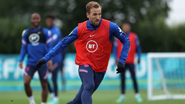 BURTON UPON TRENT, ENGLAND - JUNE 20: Harry Kane of England passes the ball during the England Training Session at Tottenham Hotspur Training Ground on June 20, 2021 in Burton upon Trent, England.