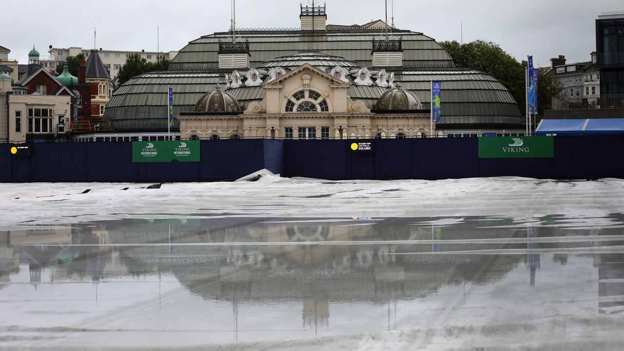 EASTBOURNE, ENGLAND - JUNE 21: Rain covers remain on after todays play is canceled due to bad weather of play is delayed during day 3 of the Viking International Eastbourne at Devonshire Park on June 21, 2021 in Eastbourne, England.