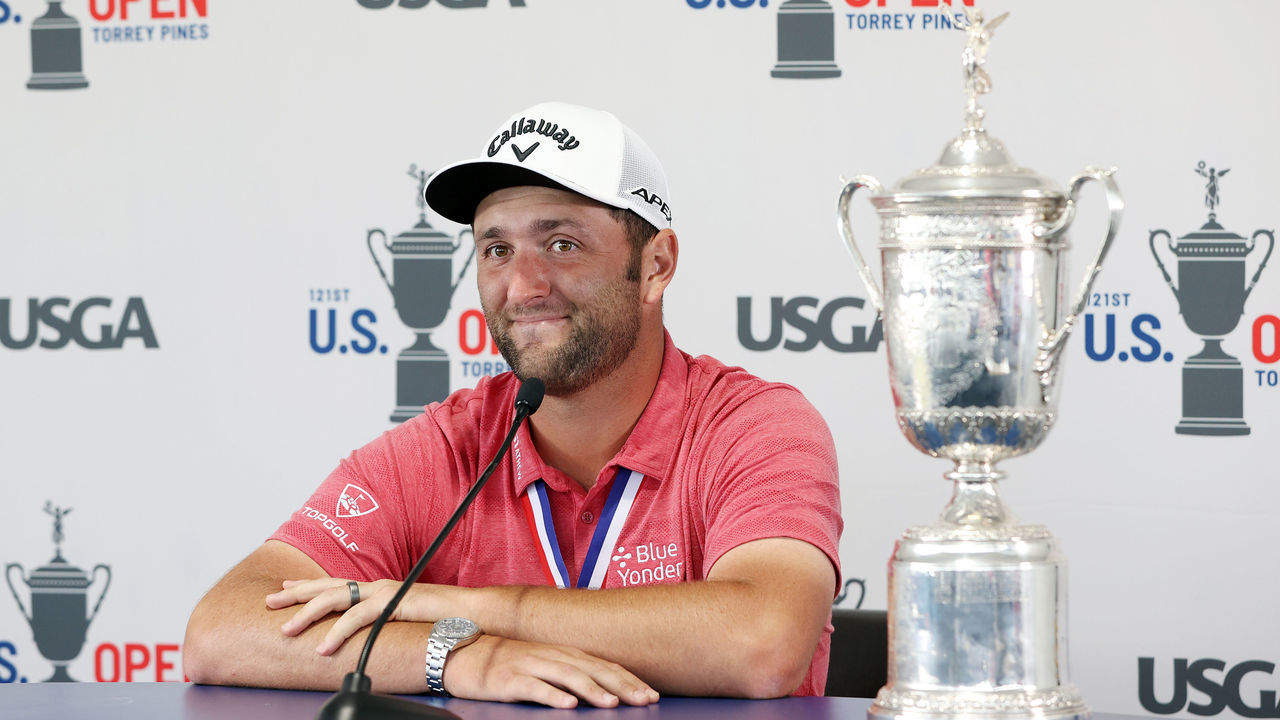 SAN DIEGO, CALIFORNIA - JUNE 20: Jon Rahm of Spain speaks to the media during a press conference after winning the final round of the 2021 U.S. Open at Torrey Pines Golf Course (South Course) on June 20, 2021 in San Diego, California.