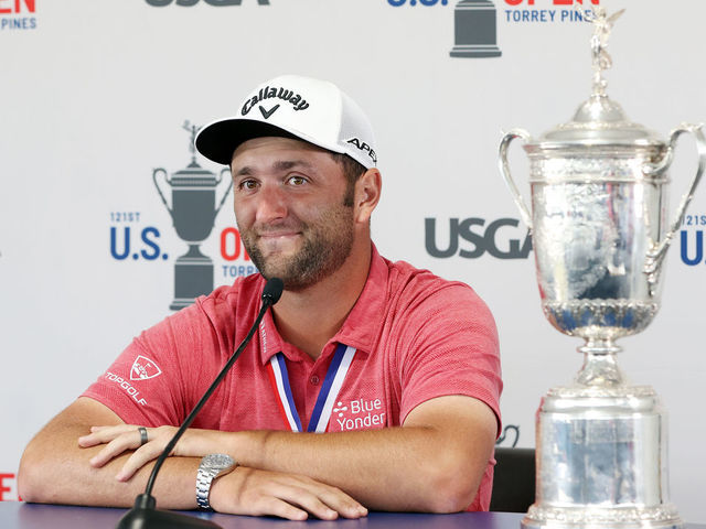 SAN DIEGO, CALIFORNIA - JUNE 20: Jon Rahm of Spain speaks to the media during a press conference after winning the final round of the 2021 U.S. Open at Torrey Pines Golf Course (South Course) on June 20, 2021 in San Diego, California.