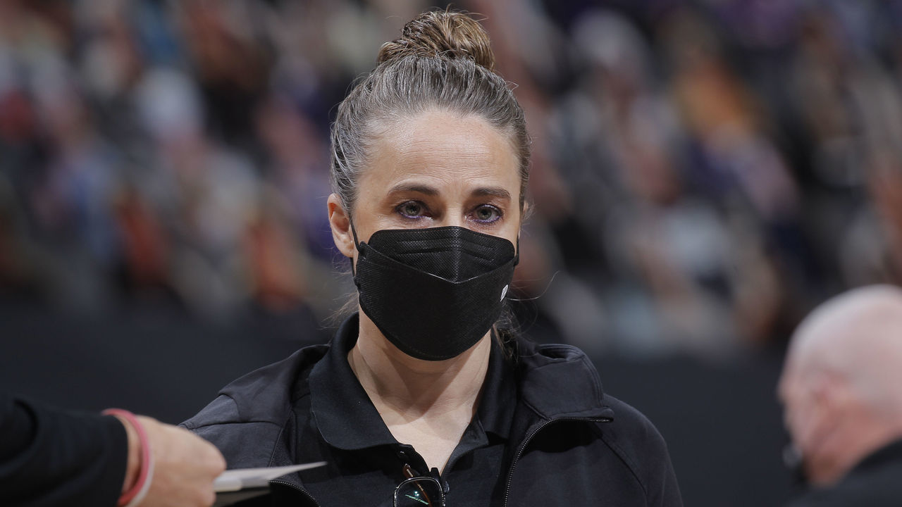 SACRAMENTO, CA - MAY 7: Assistant Coach Becky Hammon of the San Antonio Spurs looks on during the game against the Sacramento Kings on May 7, 2021 at Golden 1 Center in Sacramento, California. NOTE TO USER: User expressly acknowledges and agrees that, by downloading and or using this photograph, User is consenting to the terms and conditions of the Getty Images Agreement. Mandatory Copyright Notice: Copyright 2021 NBAE