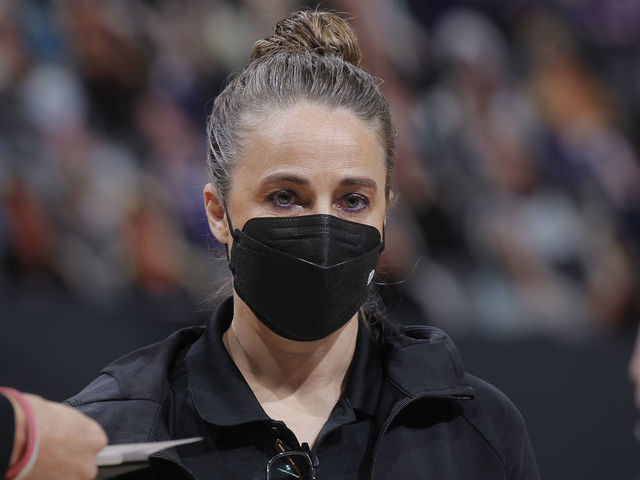 SACRAMENTO, CA - MAY 7: Assistant Coach Becky Hammon of the San Antonio Spurs looks on during the game against the Sacramento Kings on May 7, 2021 at Golden 1 Center in Sacramento, California. NOTE TO USER: User expressly acknowledges and agrees that, by downloading and or using this photograph, User is consenting to the terms and conditions of the Getty Images Agreement. Mandatory Copyright Notice: Copyright 2021 NBAE