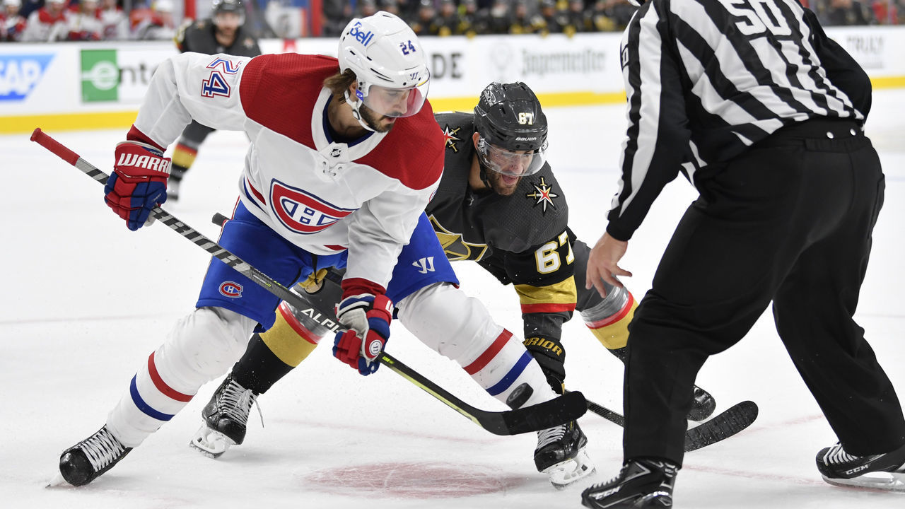 LAS VEGAS, NEVADA - JUNE 16: Max Pacioretty #67 of the Vegas Golden Knights faces off with Phillip Danault #24 of the Montreal Canadiens during the third period in Game Two of the Stanley Cup Semifinals at T-Mobile Arena on June 16, 2021 in Las Vegas, Nevada.