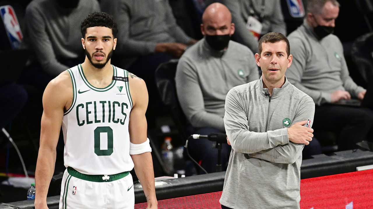 NEW YORK, NEW YORK - JUNE 01: Jayson Tatum #0 and head coach Brad Stevens of the Boston Celtics looks on against the Brooklyn Nets in Game Five of the First Round of the 2021 NBA Playoffs at Barclays Center on June 01, 2021 in the Brooklyn borough of New York City.