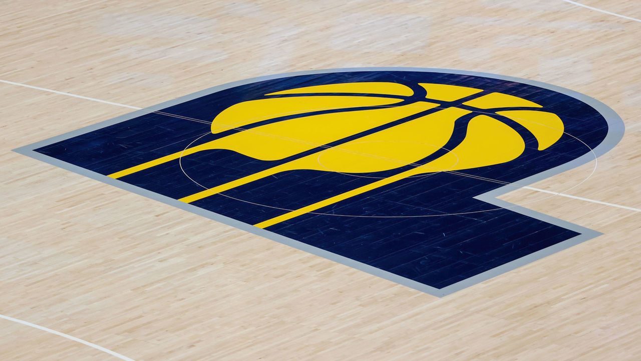 INDIANAPOLIS, INDIANA - APRIL 02: A general view of the Indiana Pacers logo on the court before the game between the Charlotte Hornets and Indiana Pacers at Bankers Life Fieldhouse on April 02, 2021 in Indianapolis, Indiana.