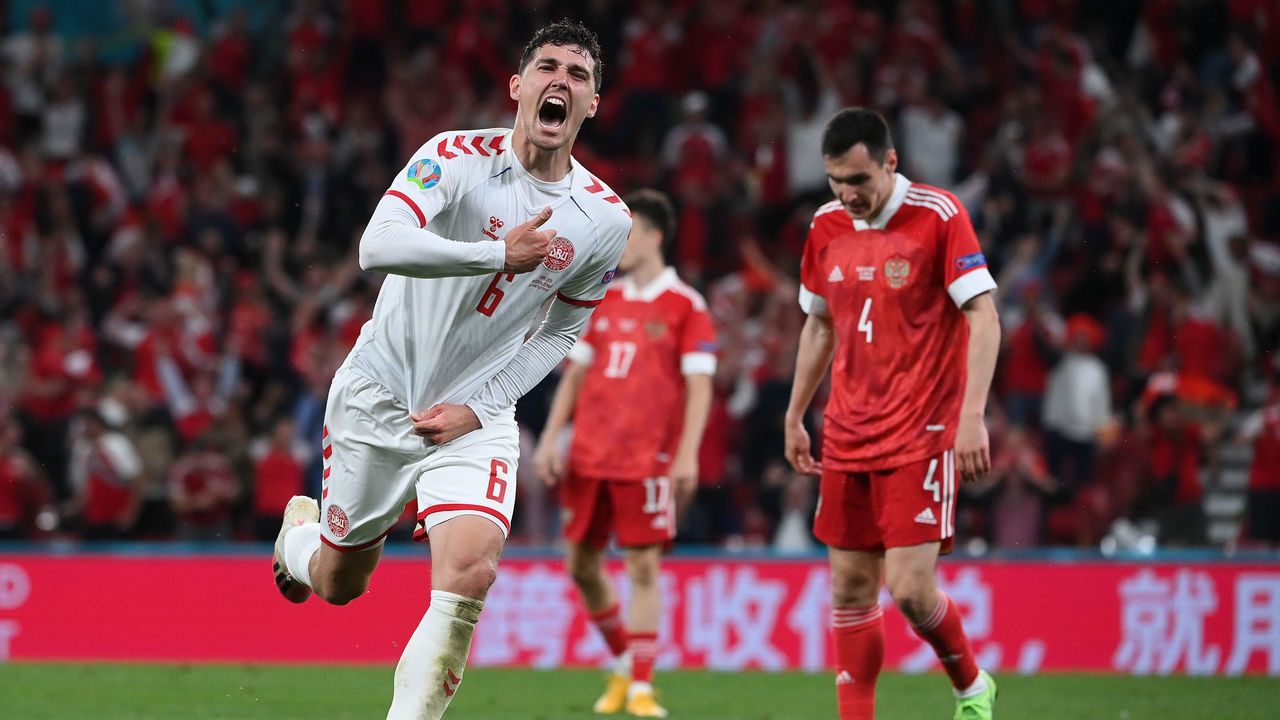 COPENHAGEN, DENMARK - JUNE 21: Andreas Christensen of Denmark of Denmark celebrates after scoring their side's third goal during the UEFA Euro 2020 Championship Group B match between Russia and Denmark at Parken Stadium on June 21, 2021 in Copenhagen, Denmark.