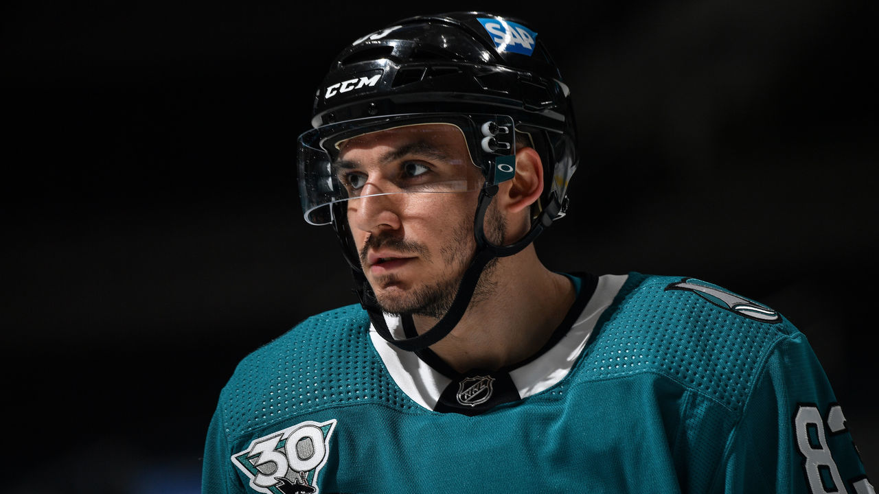 SAN JOSE, CA - FEBRUARY 27: Matt Nieto #83 of the San Jose Sharks looks onto the ice while facing the St. Louis Blues at SAP Center on February 27, 2021 in San Jose, California.