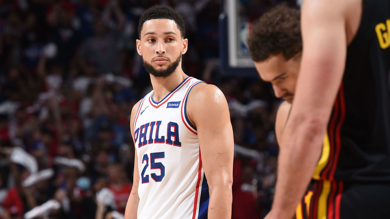 PHILADELPHIA, PA - JUNE 20: Ben Simmons #25 of the Philadelphia 76ers looks on during Round 2, Game 7 of the Eastern Conference Playoffs on June 20, 2021 at Wells Fargo Center in Philadelphia, Pennsylvania. NOTE TO USER: User expressly acknowledges and agrees that, by downloading and/or using this Photograph, user is consenting to the terms and conditions of the Getty Images License Agreement. Mandatory Copyright Notice: Copyright 2021 NBAE