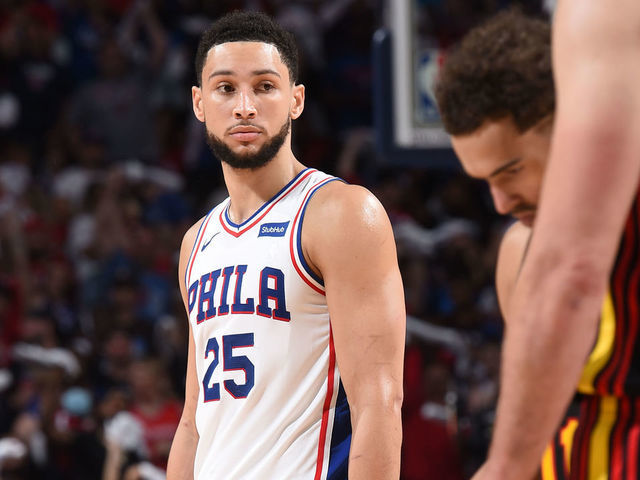 PHILADELPHIA, PA - JUNE 20: Ben Simmons #25 of the Philadelphia 76ers looks on during Round 2, Game 7 of the Eastern Conference Playoffs on June 20, 2021 at Wells Fargo Center in Philadelphia, Pennsylvania. NOTE TO USER: User expressly acknowledges and agrees that, by downloading and/or using this Photograph, user is consenting to the terms and conditions of the Getty Images License Agreement. Mandatory Copyright Notice: Copyright 2021 NBAE
