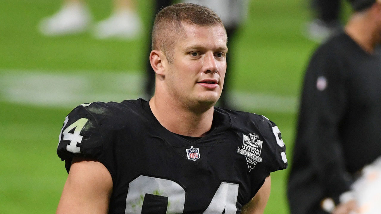 LAS VEGAS, NEVADA - NOVEMBER 15: Defensive end Carl Nassib #94 of the Las Vegas Raiders walks off the field after the Raiders defeated the Denver Broncos 37-12 at Allegiant Stadium on November 15, 2020 in Las Vegas, Nevada.
